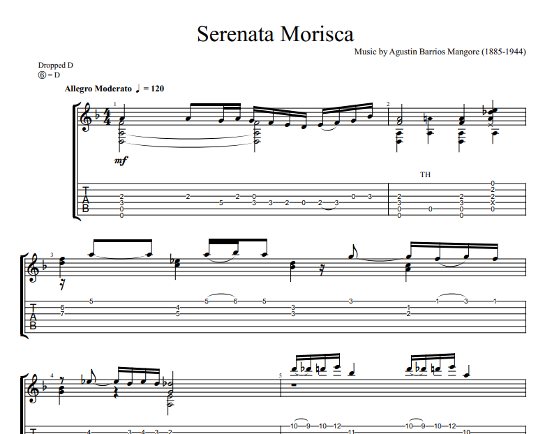 Agustin Barrios Mango - Serenata Morisca sheet music for guitar TAB